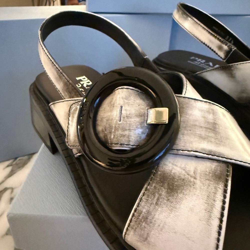Prada 1X962N Women White/Black Leather slingback sandals shoes size 39.5 US 9.5 - Picture 6 of 14